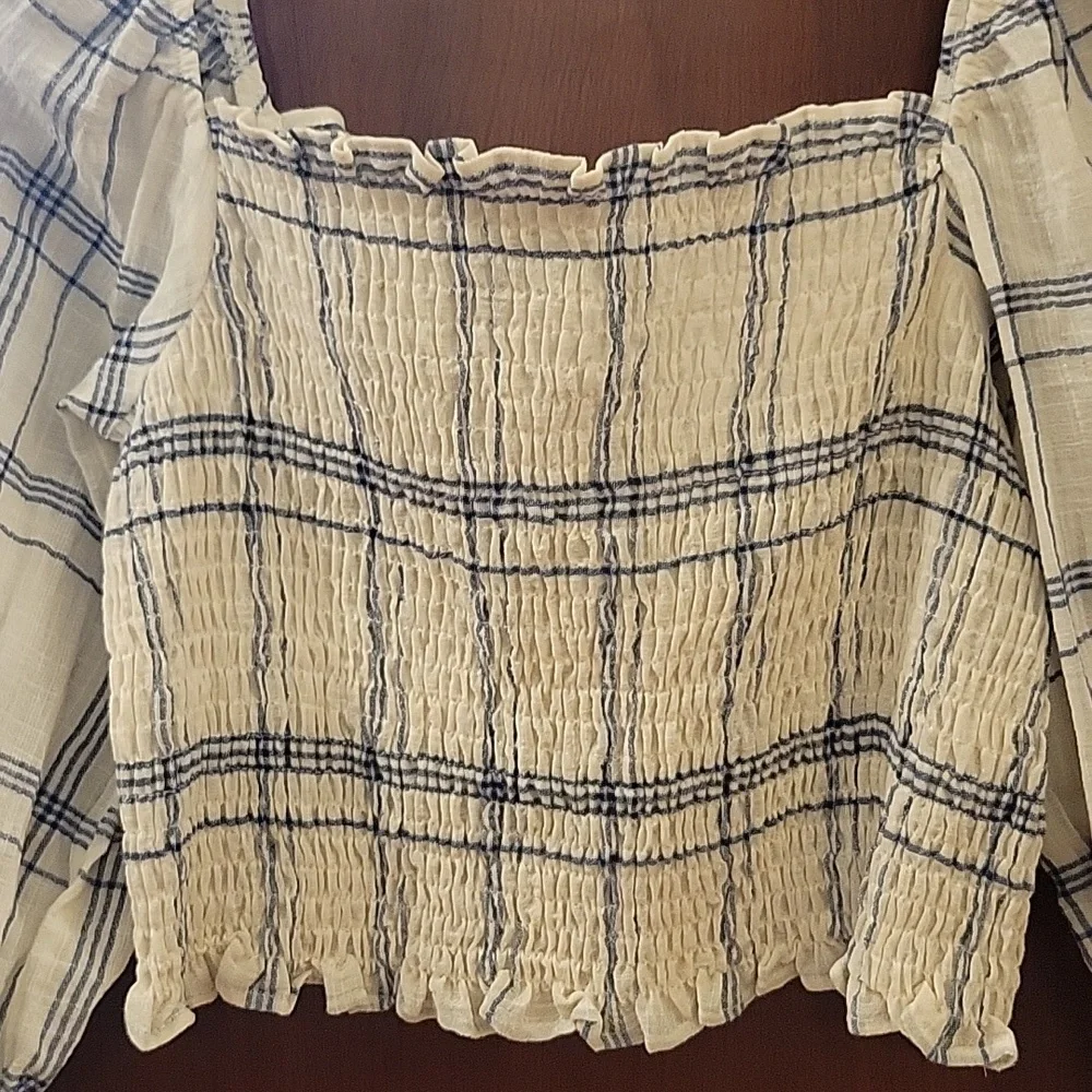 Zara | Plaid Long Sleeve Crop Top with Smocking At Chest 100% Cotton - M - Picture 3 of 10